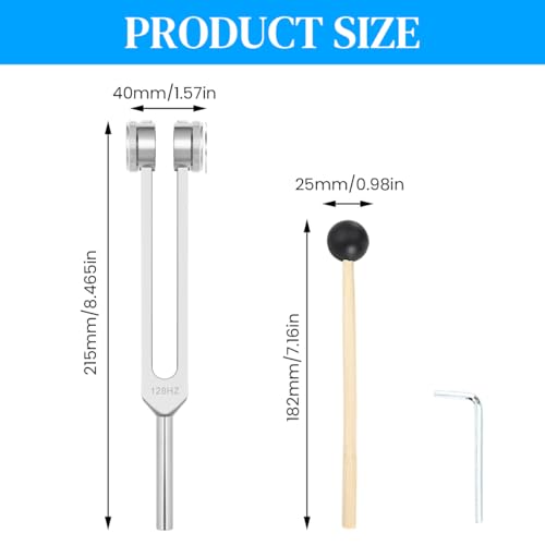 Image of HASTHIP Tuning Fork 128Hz, Aluminum Alloy Tuning Fork for Acoustic Testing, Healing and Sound Therapy 128Hz Low Frequency Tuning Fork Set with Rubber Hammer, Wrench Tool, Storage Pouch