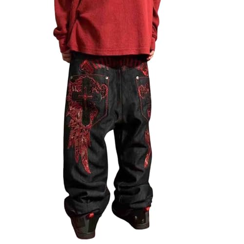 Men's Hip-hop Retro Skull Embroidered Washed Denim Pants Y2K Jeans Gothic Straight Tube Loose Wide Leg Pants