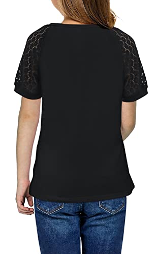 Shirt For Girls Cute Lace Short Sleeve Tops Solid V Neck Blouse Teen Girls Tops Size 8-9 Black #TOP1