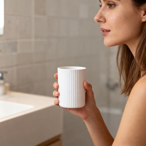 Juego de accesorios baño blanco de 6 piezas con papelera lavable y vaso cepillos 5