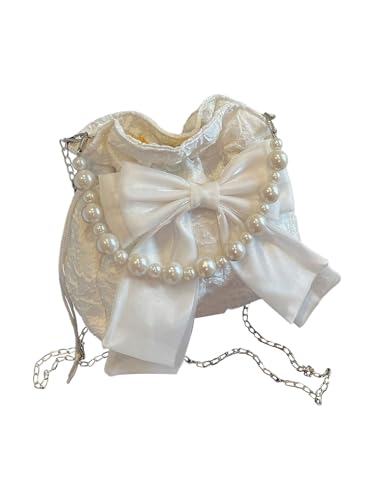 GORGLITTER Women’s Pearls Bow Chain Bucket Bags Textured Coquette Evening Shoulder Handbags