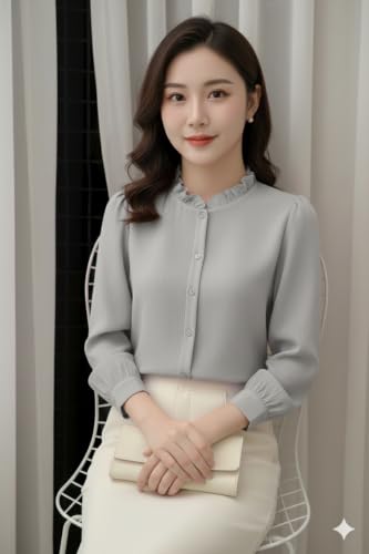 Image of Messica Women Brown Solid Cotton Blend Knitted Top | Ruffle Neck | 3 /4 Sleeve | Regular Fit Casual Office Wear Top