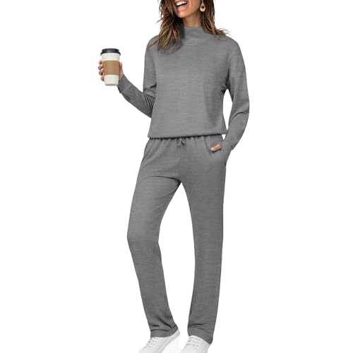 Totatuit Womens Lounge Sets Two Piece Tracksuits Casual Sweatsuits Mock Neck Tops with Thumb Holes Fall Outfits Dark Grey Medium