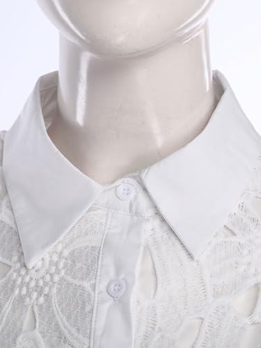 renvena Womens Chiffon Lace Outfit Floral Hollow Out Button Shirt Top Wide Leg Belted Pants 2 Piece Sets4