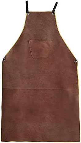 OLSON DEEPAK Leather Welding Work Apron - Heat Resistant & Flame Resistant Bib Apron, Flame Retardant Heavy Duty BBQ Apron, Adjustable One Size Fit Most - 31" X 45"Brown