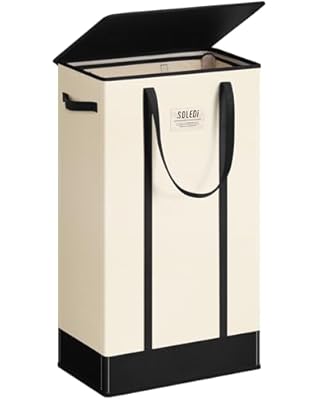 SOLEDI Slim Laundry Hamper with Lid,Collapsible Narrow Laundry Basket with Handles,Tall Skinny Dirty Clothes Hamper for Laundry Room,Dorm,Bathroom,Bedroom,and Small Spaces, 53L Beige