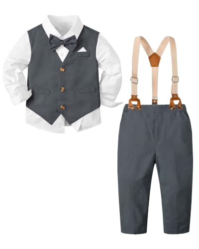 Image of SANGTREE Boys Suit Cotton Linen Formal Set Baby Boy Dress Clothes Gentleman Wedding Ring Bearer Outfits, 3 Months - 9 Years