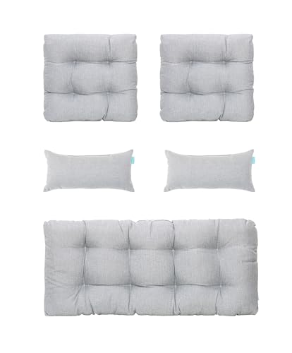 Image of QILLOWAY Outdoor Wicker Cushion Set of 5 - Waterproof Fade Resistant Patio Furniture Cushions, Loveseat 2 U-Shape 2 Lumbar Pillows for Porch, Bench, Backyard, Garden, Gray,White
