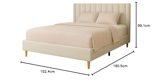 Image of Wooden Upholstered Bed Queen Size Without Storage | Wrought Iron Queen Size Cot with Headboard | Double Size Bed for Bedroom | Palang Furniture for Guest Room, White, (White)