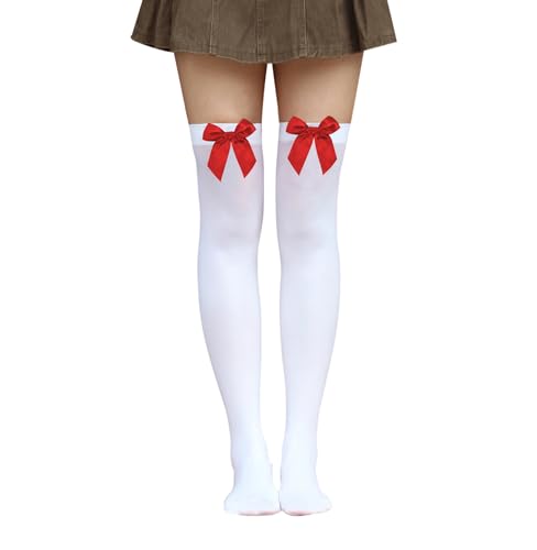 Bestjybt Womens Satin Bow Stockings Thigh High Over Knee Stockings (White+Red)