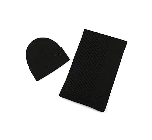 Calvin Klein Mens Split Rib Embroidered Monogram Cuff Hat and Scarf Set Black Beauty One Size