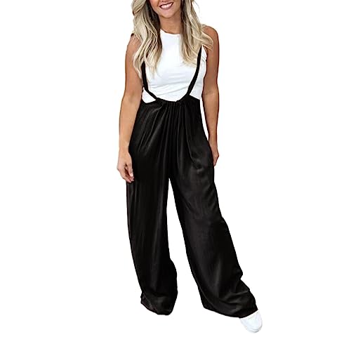 Women's Casual Sports Home Solid Color Loose Suspenders Pants Comfortable Pants Breathable Soft Baggy Pants (Black, XL)