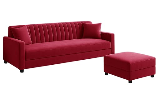 Image of Los Angeles Modern 3-Seater Wooden Sofa Set with Ottoman, Soft Velvet Upholstery, Comfortable Couch for Living Room, Office & Apartment - Red Color
