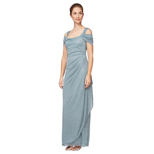 Image of Alex Evenings Women's Long Cold Shoulder Dress (Petite and Regular Sizes), Seafoam Glitter, 16