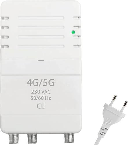 CABLEPELADO   Amplificador Interior de Vivienda UHF/VHF, 12 24db Ajustable, 104dBmV, para Digitale Terrestre DVB T/T2, con Filtro 5G LTE, 1 Entrada, 2 Salidas