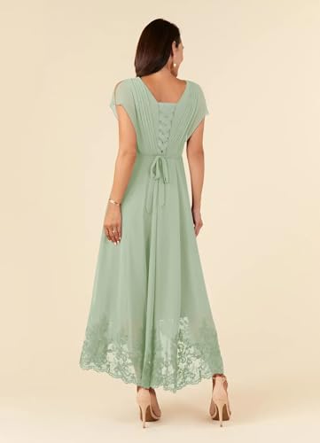 Cudiew Chiffon Mother of Bride Dresses Tea Length for Women Lace Applique Short Cap Sleeves Formal Cocktail Party Gowns4