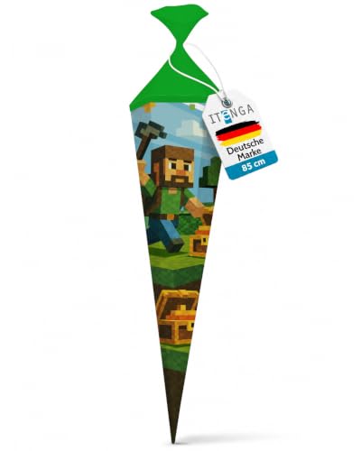 itenga Motiv Schultüte 85cm für Jungen eckig mit Tüllverschluss stabile Zuckertüte - Motiv z. B. Dinosaurier Traktor Rennauto Feuerwehr Polizei Fußball (Blockgame Pixel)