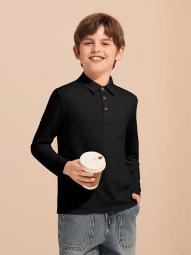 Image of Haloumoning Boys Long Sleeve Polo Shirts Kids Casual Button School Uniform Shirts with Chest Pocket 5-14 Years