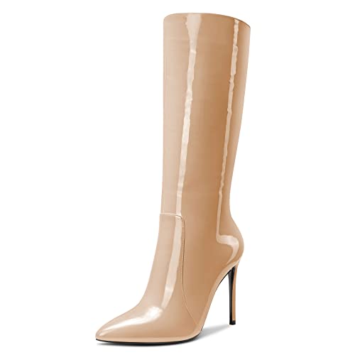 NobleOnly Femmes Aiguille Haut High Talon Heel Pointu Bout Mi Mollet Bottes Fermeture à Glissière Mariage Party Dress 10 CM Heels Beige Vernis 39 EU Cover