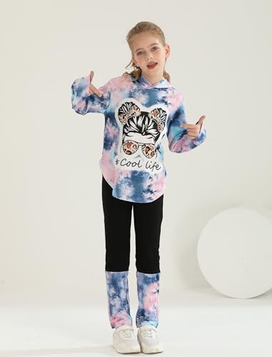Image of Girls 2 Pcs Fall Winter Tie Dye & Leggings Outfits For Teens 5-14 | 2026 Girls Fashion Trendy, Long Sleeve Hoodie, Cool Life Print, Patchwork Pants, Back to School Holiday Tracksuit