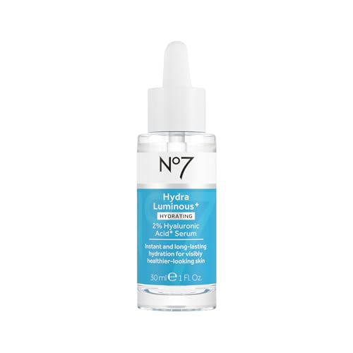 No7 HydraLuminous+ 2% Hyaluronic Acid Serum - Hydrating Facial Serum with 5% Vitamin B3 Niacinamide to Support Skin Barrier Repair - For Visibly Radiant & Healthier-Looking Skin (1 Fl Oz)