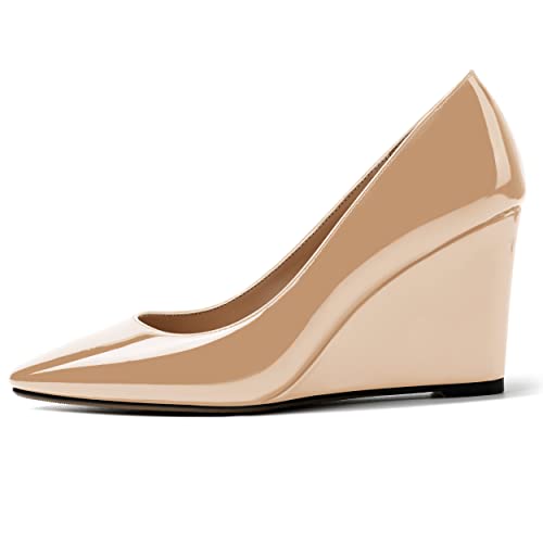 MERRORI Women's Sexy Patent Slip On Party Solid Square Toe Wedge High Heel Pumps Shoes 3.3 Inch2