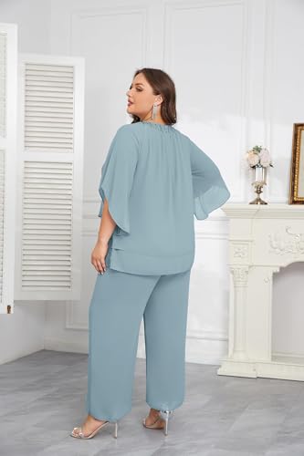 Hanna Nikole Pant Suits for Women Plus Size Dressy Crew Neck Elegant Chiffon Outfits Set Grey Blue 20 Plus