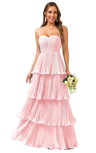 PSAISY Tiered Ruffle Light Pink Bridesmaid Dresses for Women Spaghetti Straps Long Chiffon Formal...