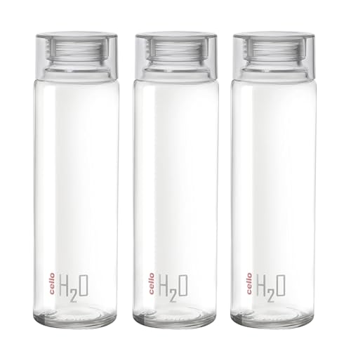 CELLO H2O Glass Water Bottle Set of 3 Pcs for Office & Daily Use 920 ml, Transparent | Durable Freezable & Fridge Safe, Leakproof Wide Mouth Leadfree Toughened Glass Water Bottle For Kitchen & Travel