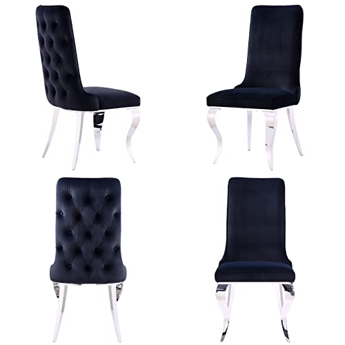 Auz 7-Piece Dining Table Set, Grey And Silver Dining Table With Polished Stainless Steel Double X Base And Black Velvet Dining Chairs With Metal Legs (Dining Table + 6 Black Dining Chair) #TOP5