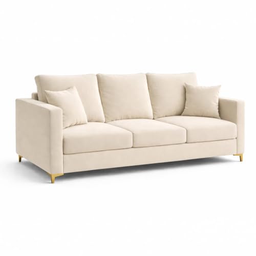 Image of Hayes Rich Velvet Suede 3 Seater Sofa | Golden Aesthetic Legs | Spacious Soft Touch Comfort Seating | Modern Sofa for Living Room-Cream Color