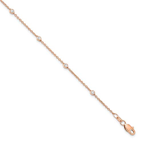 Solid 14k Rose Gold Lab Grown Diamond Station Anklet - with Secure Lobster Lock Clasp 9\" (Width = 1mm) (.203 cttw.)
