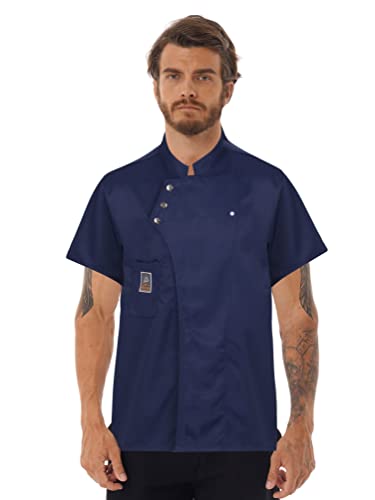 dPois Veste de Cuisinier Unisexe Veste de Chef Homme Femme Manches Courtes Vêtements de Cuisine Professionnel Uniforme Restaurant Blouse Cuisine Travail L-4XL Manches Courtes-Bleu Marine L