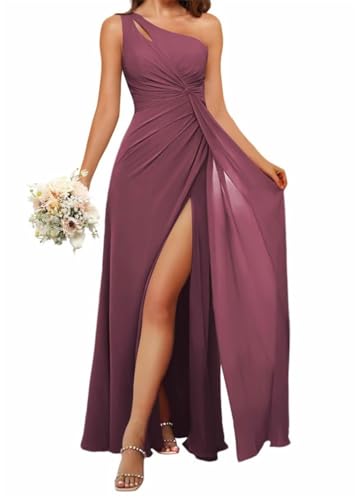 HPPEE Vestidos de dama de honor con un hombro descubierto y abertura, vestido largo formal de gasa para mujer, Rosa desierto, 34