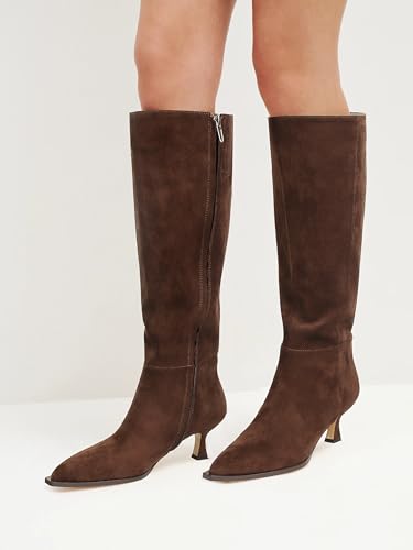 DOEYG Women Suede Knee High Boots Wide Calf Kitten Heel Boots Pointed Toe Stiletto High Heel Tall Boots Fashion Fall Long Boots with Side Zipper2