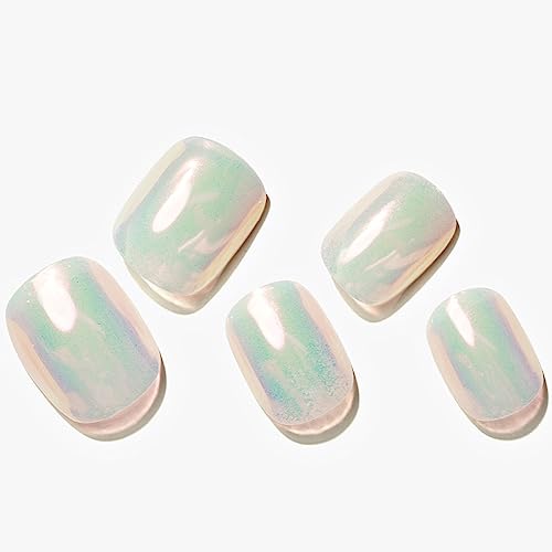 GLAMERMAID Pure White Pearl Chrome Extra Short Press on Nails, Glazed Handmade Gel Fake Nails Short Squoval, Mirror Powder Square Glue on Nails, Acrylic False Nails, Glossy Round Fake Nails for Women