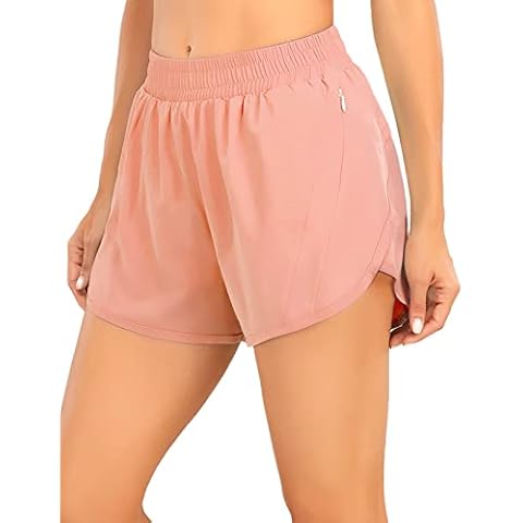Rocorose Women’s 2 in 1 Running Shorts Quick Dry Workout Athletic Gym Yoga Shorts with Drawstring Zipper Back Pocket - pink - 16-18 Cover