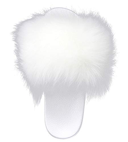 Image of Faux Fur Slides for Women, Fuzzy Slippers Fluffy Sandals Furry House Shoes Indoor Outdoor