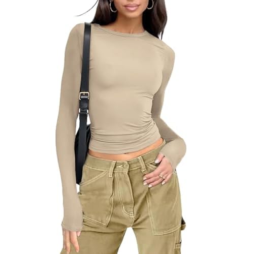 Womens Long Sleeve Shirts Basic Tees Y2k Slim Fit T Shirt Crew Neck Trendy Crop Top Casual Trendy 2026