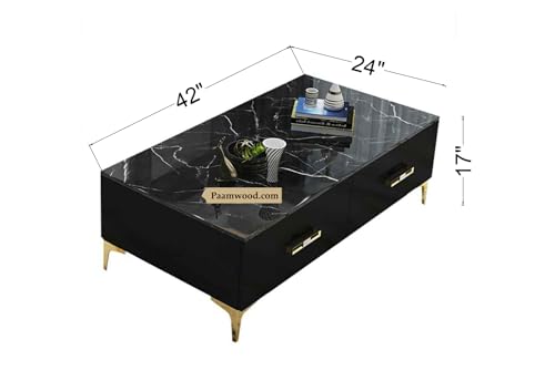 Image of Furo Premium Marble-Top Wooden Center Table for Living Room | PVD Coating Iron Legs| Modern Entryway Furniture | Coffee Table - 42x24x17 Inch (Black)