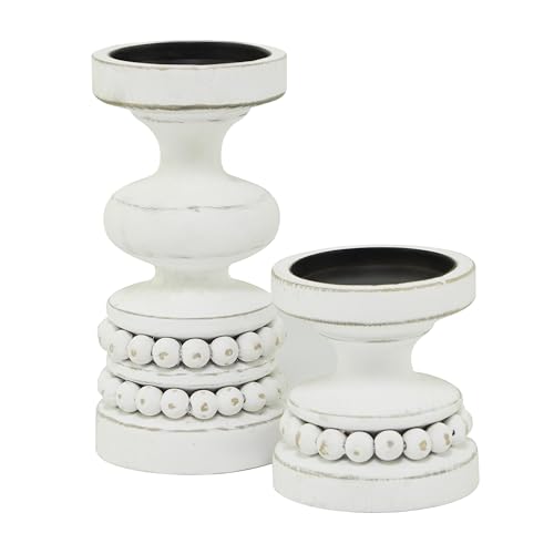 Deco 79 082953 The Novogratz Wood Decorative Candle Holder Beaded Pillar Candle Stand, Set Of 2 Candlestick Holder 8" thumb #3