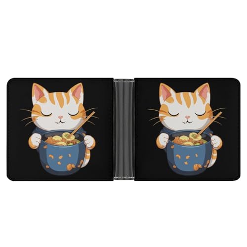 Cat Ramen Noodles Funny Men's Slim Bifold Wallet with Multiple Card Slots Front Pocket Purse