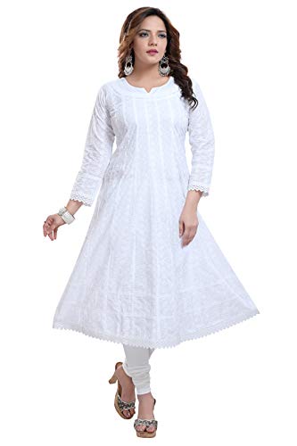 DARIKA White Anarkali Kurti for Womens Chickankari in Plus Size &...