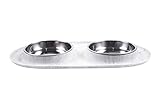 Messy Cats Double Silicone Feeder with Stainless Saucer Shaped Bowl | Anti-Slip Non-Skid Cat Food Bowls | Two Cat Bowls in Feeding/Water Station | 1.75 Cups per Bowl (Marble)