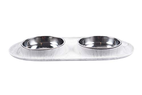 Messy Cats Double Silicone Feeder with Stainless Saucer Shaped Bowl | Anti-Slip Non-Skid Cat Food Bowls | Two Cat Bowls in Feeding/Water Station | 1.75 Cups per Bowl (Marble)