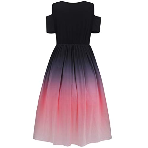Gradient Color Dress,Kingwo Women Elegant Plus Size Cold Shoulder Midi Dress Large Size Short Sleeve High Waist Ankle-Length Dress UK Size 12~24 Pink