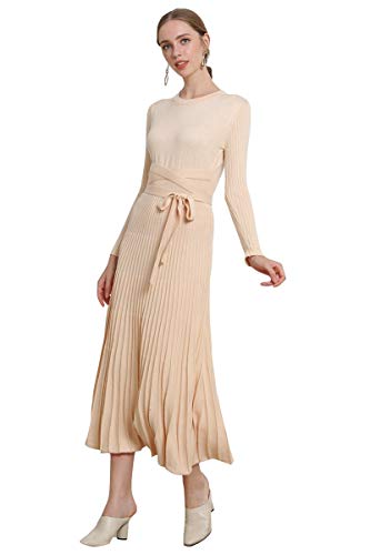 Image of Women's Long Sleeve Sweater Dress Ankle Length Fall Dress Vneck Knit Winter Dress