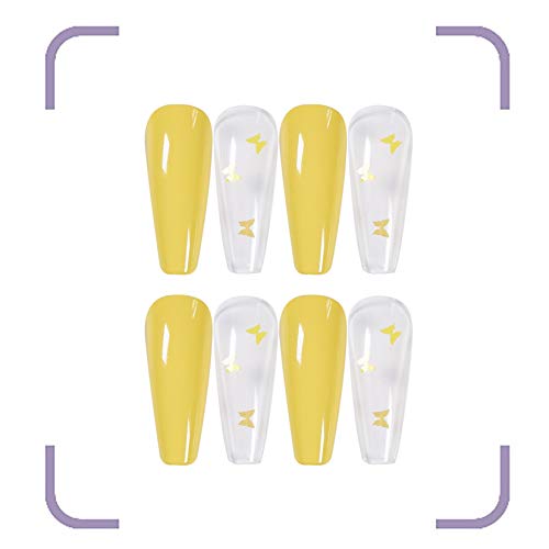 24 Pcs Press on Nails Coffin, Luvehandicraft Long Glossy Fake Nails Coffin, False Nails with Glue for Women and Girls (Yellow Butterfly)