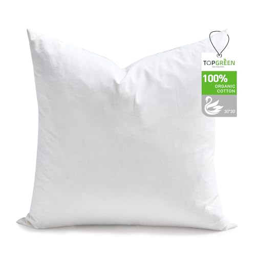 TOPGREEN Feathers Down Pillow Inserts 30x30 Euro Pillow Insert with 100% Organic Cotton Shell Soft Decorative Throw Pillow for Living Room Sofa Couch or Bed (White)