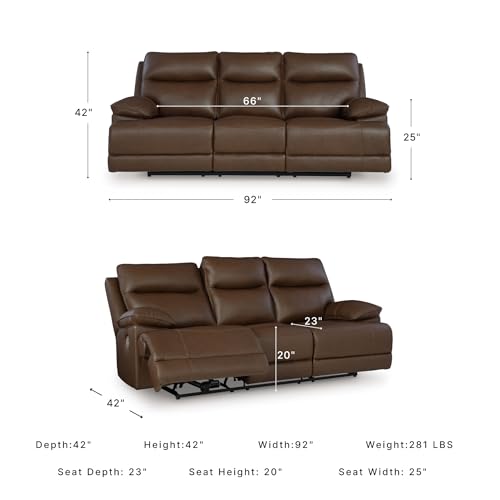 Image of Signature Design by Ashley VonRyan Power Reclining Sofa, Top Grain Leather Seating, Zero-Gravity Recliner Couch, Living Room Furniture, Tobacco Brown, 92-Inch